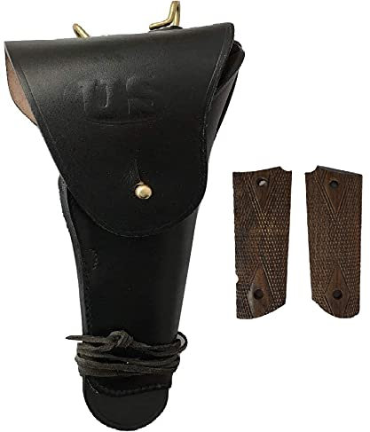 Warcraft Exports US WW2 .45 Brown Hip M1911 Colt Pistol Leather Hip Holster mit M1911 / 1911 .45 Walnut Wood Pistolengriffen - Reproduktion (Combo) (Black)