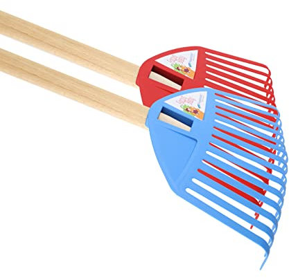 vom Pullach Hof Kinder Rechen Laubrechen 2er Set für Garten Sandkasten Kinderrechen Gartenwerkzeug Laubbesen mit Holzstiel (1x rot + 1x blau)