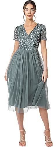 Maya Deluxe Damen Midi-Kleid mit V-Ausschnitt, Verziert Brautjungfernkleid, Grün (Misty Green), 52 EU