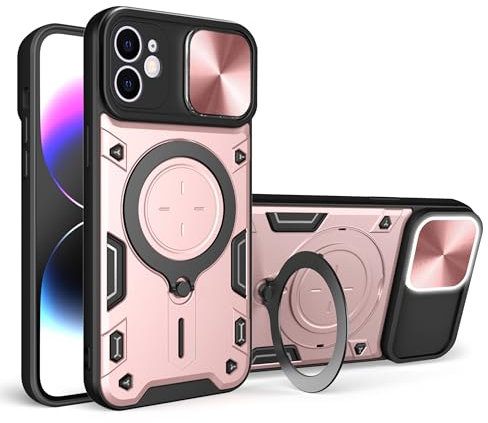 SORAKA Case for iPhone 11 with Ring Holder and Slide Camera Cover iPhone 11 case with Metal Plate for Magnetic Car Mount Rigid PC Cover Soft TPU bumper Rugged Case Rose Gold