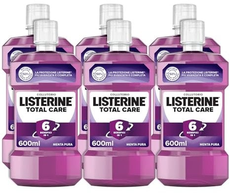 LISTERINE Collutorio Total Care, Collutorio al gusto di Menta Pura, Collutorio con 6 benefici in 1 per una pulizia accurata e un'igiene orale completa, Confezione da 6 x 600 ml – Esclusiva Amazon