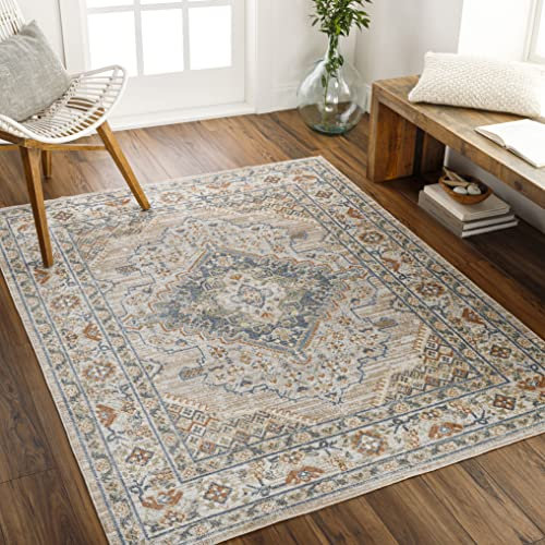 Livabliss Manama Teppich waschbar in der Waschmaschine - Vintage Teppich waschbar für Wohnzimmer 160x213 cm, Schlafzimmer, Küche - Orientalischer Boho Teppiche, Teppich Groß in Beige, Blau, Orange