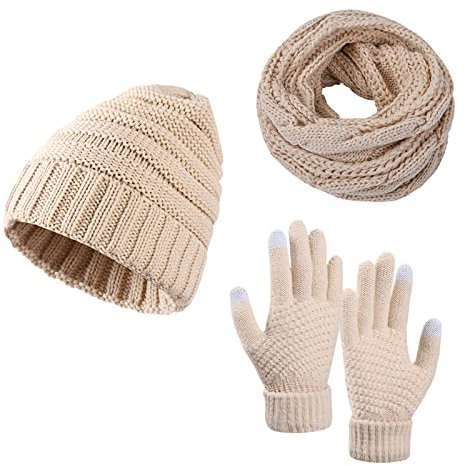 Mutze Schal Set Damen Grau, Damen Winter Warm Cord Beanie Mütze Schal und Touchscreen Handschuhe Set Strickmütze Winterhandschuhe Lang Schal Strickset