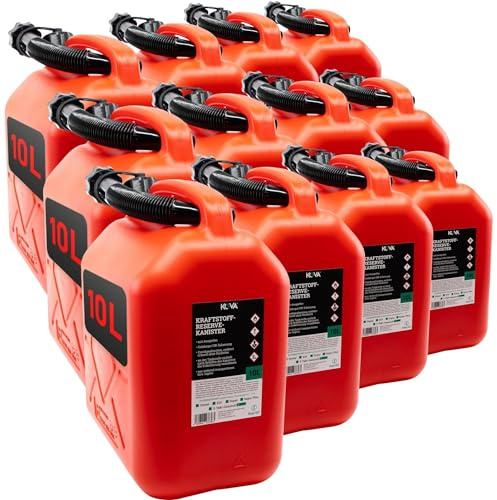 KOVA® 12x Benzinkanister 10L ROT Dieselkanister Reservekanister Kraftstoffkanister 10 Liter Wasserkanister für Benzin Diesel Wasser AdBlue, Auswahl: 5 20 20L ltr 5L 10-Liter-Kanister & Außgießer