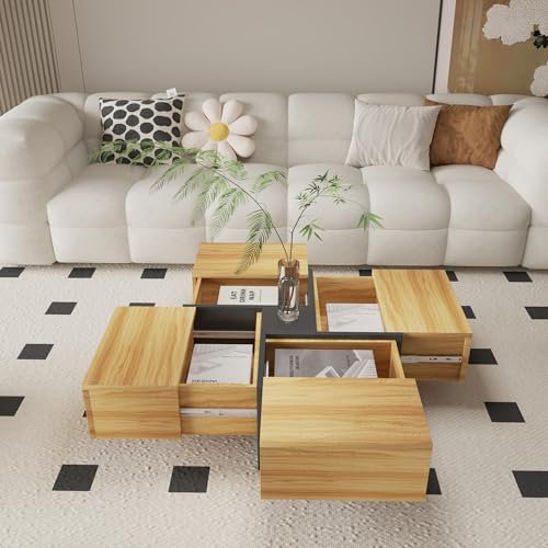 BERA DESIGN Square Coffee Table with Storage Drawers, Natural Walnut Coffee Tables Living Room, Smart Square Coffee Table with 4 Drawers, Save Space Coffee Tables - 80x80x35 cm