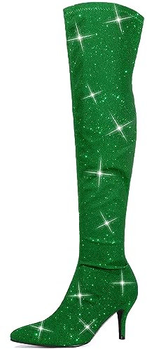 Allegra K Stivali alti sopra il ginocchio da donna con tacco a spillo a punta glitterata, Verde, 37 EU