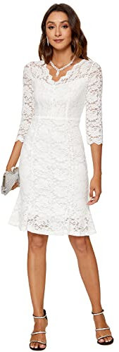 Atnlewhi Damen 3/4 Ärmel Kleid V-Ausschnitt Formeller Abend Bodycon Knielang Vintage Spitzenkleid Elegante Cocktailkleider - Weiß - S