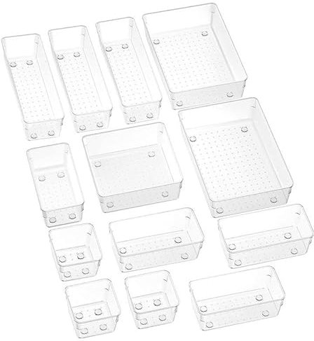 Panzy Home 13 Pcs Drawer Organiser Clear Desk Drawer Organisers Trays Makeup Drawer Divider Clear Plastic Storage Boxes for Bathroom Cosmetics Kitchen Office Stationery