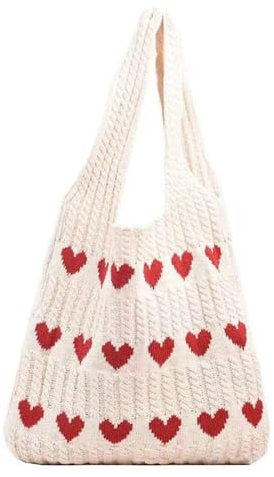 HICARRY Gehäkelte Tasche Herz-Muster Häkeltasche Hobo Bag Groß Shopper Tasche Damen Gewebte Tasche Hohes Volumen Tote Bag Aesthetic Henkeltaschen Handtasche Damen Umhängetasche