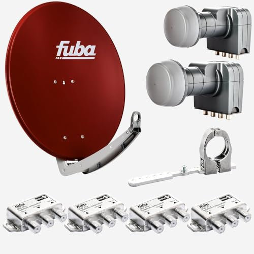 Fuba Sat Anlage 4 Teilnehmer - 2 Satelliten (z.B. Astra/Hotbird) | DAA 780 R Satellitenschüssel 80cm Alu rot (Testergebnis: ausgezeichnet)* + 2X Quad LNB + Multifeedschiene + 4X DiSEqC-Schalter