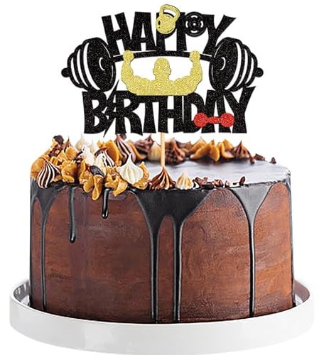 Blumomon 1Pc Glitter Gym Theme Birthday Cake Topper Weight Lifting Cake Decoration for Men Boy Weight Lifting Gym Fitness Themed Birthday Party Supplies