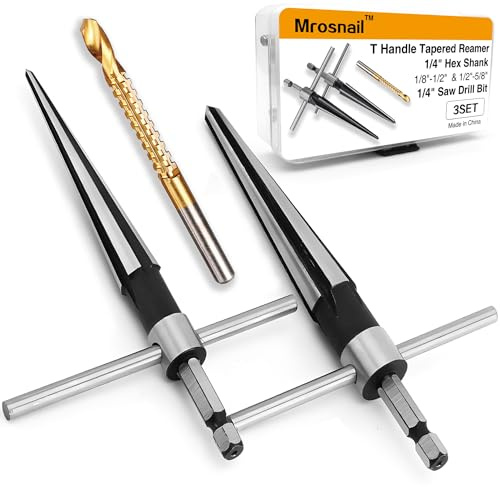 Mrosnail Tapered Reamer Set with T Handle, 3-13mm (1/8''-1/2'') & 5-16mm (3/16-5/8) 6 Fluted, Carbon Steel Hex Shank for Guitar Woodworking - 2pcs