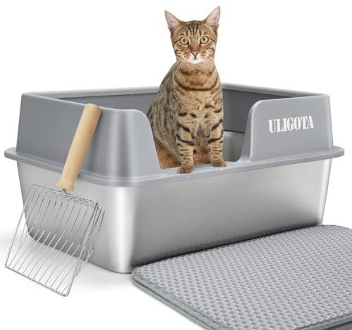 Stainless Steel Cat Litter Box With High Sides and Lid - Large Metal Box for Big Cats, Never Absorbs Odors, Non-Stick Surface