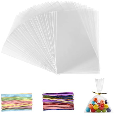 200 Pièces Sachet Bonbon, 25x15 cm Sachet Plastique Transparent Sacs Cellophane avec 200 Rubans Métalliques Pour Bonbons, Biscuits, Pain, Fruits, Etc. Parfaits Pour Les Fêtes De Cadeaux