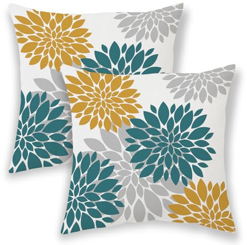 Aqua Teal Mustard Yellow Summer Outdoor Pillow Covers 18x18 Inch 2 Pcs, Geometric Elegant Dahlia Floral Decorative Throw Pillows, Grey Flower Decor Pillowcase Linen Cushion Cover for Car Couch