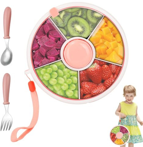 Snack Spinner, Snackbox mit Fächern, Snackteller mit Deckel, Snackbox Rund mit Gabel und Löffel, Snackbehälter für Outdoor, Familien, Party