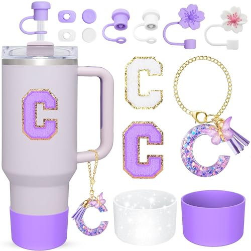 13 Pcs Letter Cup Accessories Set Straw Cover Silicone Boots Compatible with Tumbler 30 oz 40 oz Personalized Initial Name ID A-Z Letter Charm Letter Stickers for Women Girls