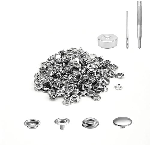 HJIAMA 100 Juegos Corchetes de Presion Metalicos, 14,7 mm Botones de Presion, Remaches para Cuero, Botones para Ropa Estilo Billetera, Bricolaje, Ropa, Bolsos, Costura Artesanal