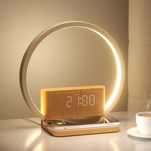 blonbar Réveil lumineux, lampe de chevet avec fonction de recharge, lampe de table à variateur tactile à 3 niveaux, 10 sons naturels pour s'endormir,Convient aux chambres à coucher et aux bureaux