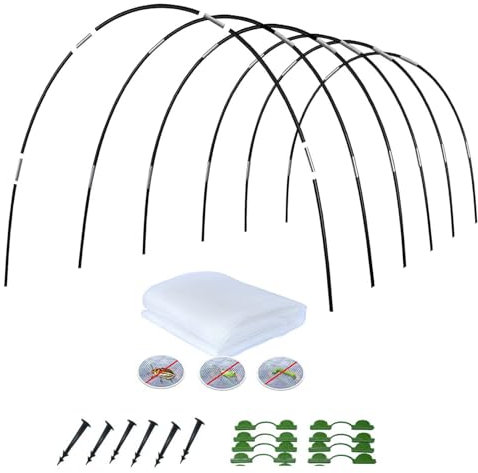 30Pcs Garden Hoops for Netting Tunnel Raised Beds, Detachable Garden Hoops with 2M x 10M Garden Netting, 24 Connection Pipes and 20 Clips, Rust-Free Fiberglass Support Hoops Frame for Garden Fabric