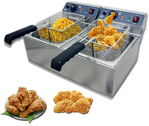 HAKKA Electric Deep Fryer,Commercial Deep Fryer 10L x 2 Dual Tank with Baskets & Independent Controls, Stainless Steel Restaurant Deep Fat Fryer for French Fries, Chicken, Fish & Chips