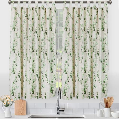 Viste tu hogar Pack 2 Cortina Cocina de Hojas Serena, Estilo Español con Tirantes, Tela Opaca Máxima Privacidad, Ideal para Ventanas de Cocina, 70% Algodón 30% Poliester, 140x145cm