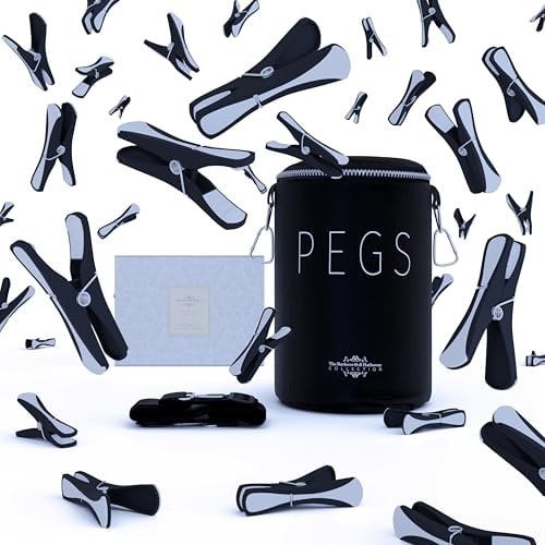 Peg Bag with 80 Soft Grip Clothes Pegs – Black & White Laundry Pegs with Metal Springs | Weatherproof, Non-Marking, Strong Grip Washing Line Pegs | Zip-Top Storage Bag by Barkworth & Hathaway