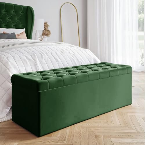 AZ Interiors Royal Furniture 90cm Wide Chesterfield Ottoman Storage Bench, Plush Velvet Bench with Storage, End of Bed Bench, Velvet Upholstered Coffee Table, Entryway Bench (Forest Green Velvet)