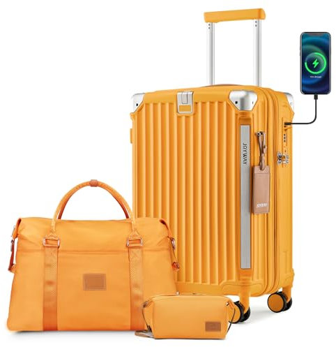 Joyway Carry On Luggage, Expandable Suitcase with Smart Luggage Cup Holder and USB Port, Orange, Carry-On 20-Inch Handbag, Travel