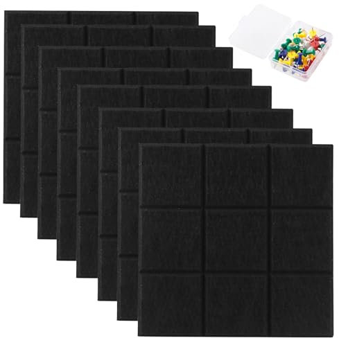 Pinnwand Groß, 8 Stück Filz Pinnwand Selbstklebend, 30x30cm Korkplatte, Memoboard mit 1 Schachtel Pinnwandnadeln, DIY Korkwand für Kinderzimmer, Klassenzimmer, küche, Büro (Schwarz)