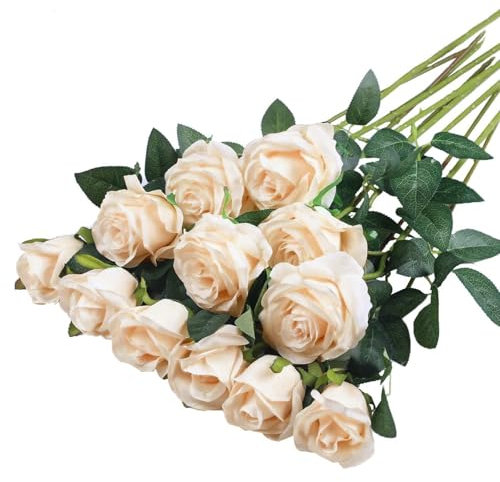 Künstliche Rosen 12 Stücke Kunstblumen Seidenblumen Rosen 51*7cm Künstliche Blumen Rosen Künstliche Blumen Realistische Einzelstielblumen für Hochzeitsfeier,Valentinstag,Zuhause Dekoration(Sekt)