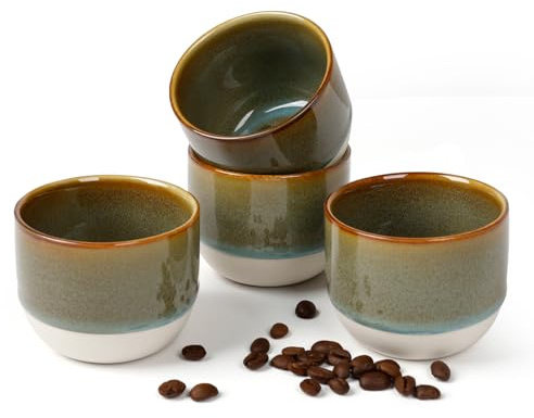 NOVAJOY | Espressotassen Set | 4-teilig | 140 ml | Mini-Espressotasse - Handgefertigt dickwandigem | Hochwertige Tassen aus Steingut | Ohne Henkel | Kaffeetassen | Mokka | Geschenk in modernem Design