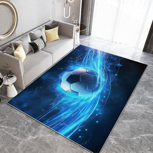 Generisch Fußball Teppiche Wohnzimmer 80 x 150 cm Sportelemente Fußball Funken 3D Teppich-Küche, Dunkelblau Kinderzimmer Jugendzimmer und Schlafzimmer Teppiche Kurzflor Teppich Weich Pflegeleicht