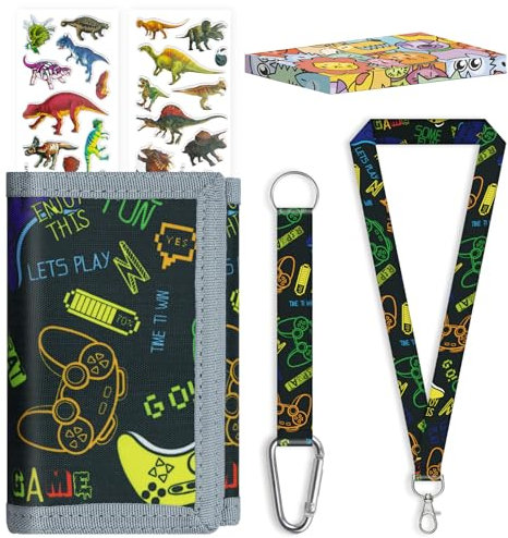 SUNDEE Kinder Geldbörse für Jungen und Mädchen, dreifach gefaltete Geldbeutel in Boxverpackung mit Aufklebern und Schlüsselband für Geschenke, Geldbörse mit Münzfach mit Reißverschluss (Gamepad)