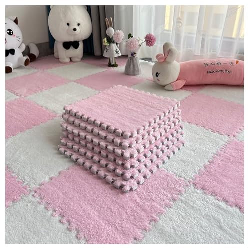 Milk Velvet Patchwork Rugs, Plush Puzzle Foam Floor Mat, Plush Interlocking Carpet Tiles, Anti-Slip Rug Puzzle Mats for Floor (5 pcs pink+5 pcs white, 30 * 30 * 1 cm)