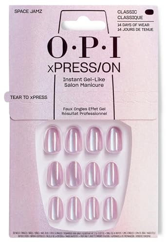 OPI xPRESS-ON Space Jamz - Sparkling Pink Short and Round Shaped Press On Nails - With Nail Glue - Long Lasting, Reusable and Non-Damaging False Nails