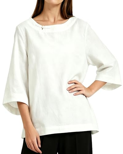 FTCayanz Damen Bluse Sommer Leinenbluse 3/4 Ärmel Tunika Tops | Leinenmaterial, lockere 3/4 Ärmel, vielseitiger Freizeit- und Sommerlook, Strand Tunika Tops, Lässig Oberteile T-Shirts