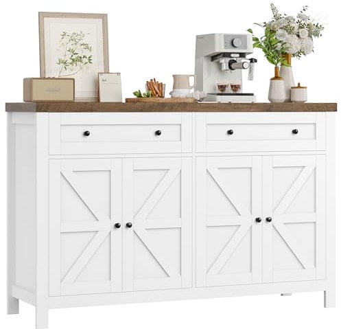 HOCSOK Kitchen Sideboard, 140cm Kitchen Storage Cabinets with 2 Drawers, White Buffet Cupboard with Adjustable shelf, Modern, for Living Room, Hallway, Dining Room