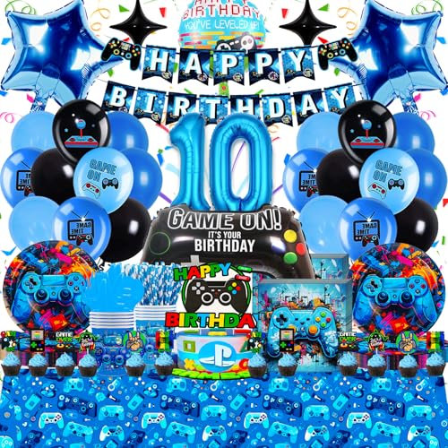 Videospiel Geburtstag Deko 10 Jahre - 94Teilige Geburtstagsparty Ballon Set, Gaming Geschirr in Blau und Schwarz, Hochwertig & Umweltfreundlich, ideal für Kindergeburtstagsfeiern und thematische Event