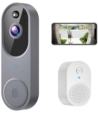 SHARKPOP 1080p Smart Wireless Video Doorbell Camera, AI Human Detection, 2.4G WiFi, Night Vision, Cloud Storage, 2-Way Audio, Live View, Battery Powered, Doorbell Receiver Included, (Gray)