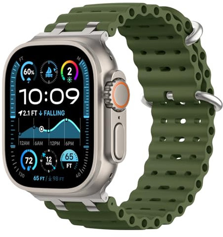 Astorgos Correas Ocean Compatible con Apple Watch Ultra2/Ultra 49mm,S10 46mm,9/8/7 45mm,SE2/SE/6/5/4 44mm,3/2/1 42mm,Correa de Reloj Deportiva con Conector Metálico para Hombre Mujer,Plata/VerdMilitar