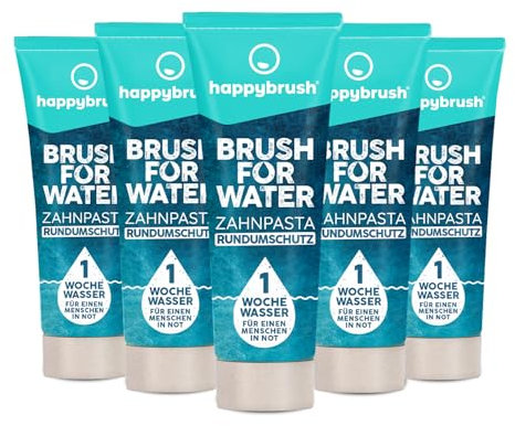 happybrush Zahnpasta Brush4Water 5-fach Schutzformel pflegt das Zahnfleisch, hilft Karies vorzubeugen - Klinisch getestete Zahncreme im 5er Pack mit sanftem Minz-Geschmack