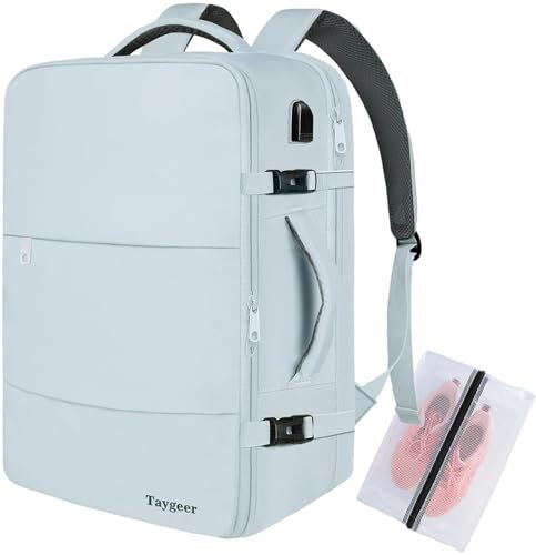 Taygeer Handgepäck Ryanair 40x20x25, Laptop Rucksack 14 Zoll mit USB Ladeanschluss, Handgepäck Rucksack Flugzeug Inklusive Schuhtasche, Cabin Bag Business Arbeit Schule für Damen Herren Teenager, Blau