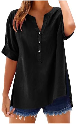 Womens Tops Cotton Linen Shirts Summer V Neck Button Up Short Sleeve Ladies Blouse T-Shirts Solid Color Work Casual Oversized Loose Blouses Daily Women Top Cloth Sale UK Plus Size 14 16 18 22 Black