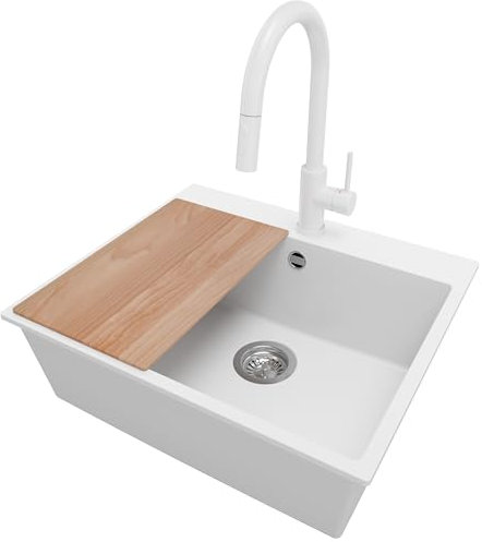 PRIMAGRAN Lavandino da Cucina Bianco 58x50cm, Lavello da Cucina a 1 vasca + Sifone Classico + Rubinetto 40x22cm + Tagliere, Lavabo da Cucina Incasso al mobile 60cm - Riga
