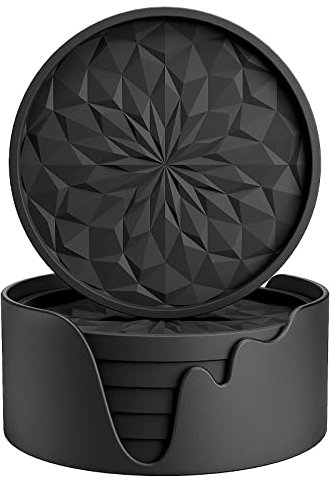 STLIAN Silicone Coasters with Holder,[6 Pack] Drinking Coasters - Cup Mat for Hot or Cold Drinks, Thickened, Non-Slip, Non-stick,Deep Tray Black