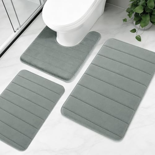 NAKIHOUSE 3 Piece Non-Slip Bath Mat Set, Luxury Thick Memory Foam Bathroom Rugs, Water Absorbent Soft Shower Mat Machine Washable Toilet Mat for Bathroom Floor, Light Gray