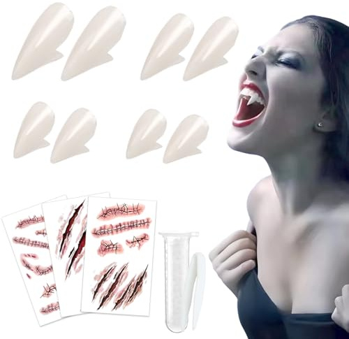 AUXHCYL Vampire Teeth Set, 4 Pairs Vampire Fangs, 3 Piece Halloween tattoos, Fake Fangs Teeth with Solid Adhesive for Halloween Costume, Party Favors Vampire Accessories(13 mm, 15 mm, 17 mm, 19 mm)