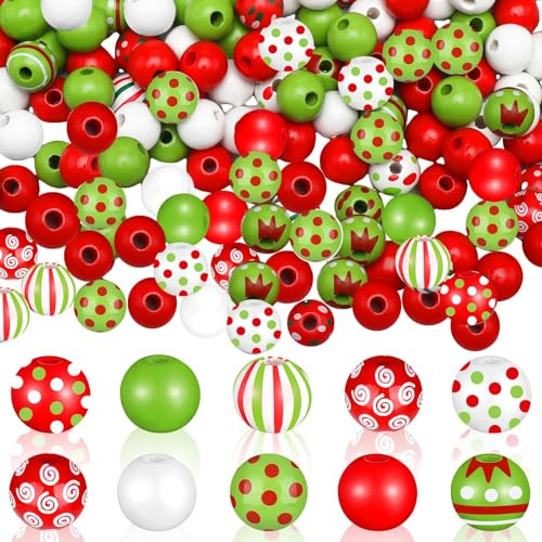 240 Stück Weihnachten Holzperlen, 16mm Farbige Holzperlen mit 40 m Hanfseil, Rot Grün Weiß Weihnachtsperlen, für Weihnachten Deko, DIY-Basteldekoration, Schmuckhe