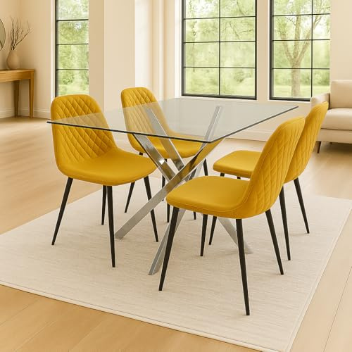 KOSY KOALA Rectangular Chrome Glass Table with 4 Mustard Leather Chairs